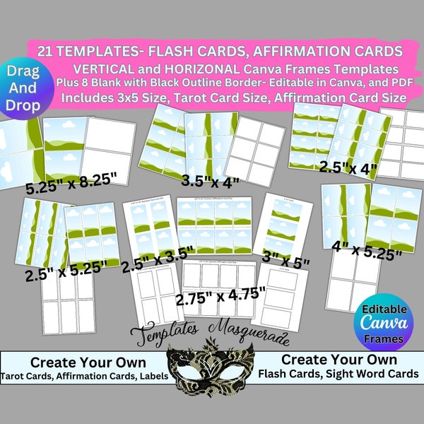 Editable Flash Cards, Sight Cards, Affirmation Cards, Tarot Cards, Canva Frames Templates Customizable, Fillable Mockups, PDF Printable, DIY