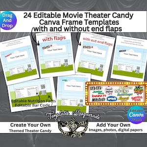 May include: 24 Editable Movie Theater Candy Canva Frame Templates with and without end flaps. The templates feature a variety of popular candy brands, including M&Ms, Junior Mints, Raisinettes, Milk Duds, Good & Plenty, Mike & Ike, Nerds, Reese's Pieces, Swedish Fish, and Sour Patch Kids. The templates are designed to be used with Canva and can be customized with your own text, images, and colors.