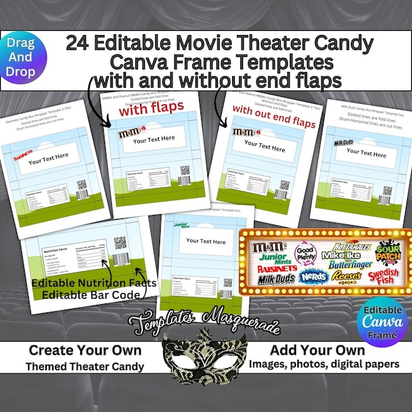 Editable Box Candy Templates, Canva Frames Templates Drag and Drop Fillable Theater BOX Candy Wrappers, Circus, Carnival, Movie, Party Favor