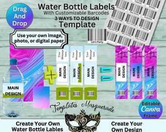 Water bottle labels templates, Editable Party Favors, Customizable Barcodes, Canva Frame Template, Editable, Drag and Drop, Printable