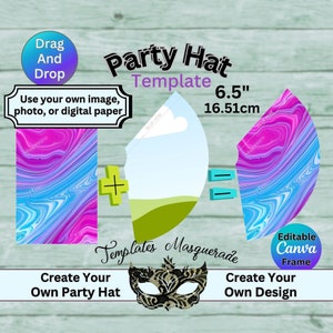 Plantilla de sombrero de fiesta, marco de Canva editable, arrastrar y soltar, digital, sombrero de fiesta de cumpleaños, sombrero de fiesta imprimible, sombrero de fiesta personalizable, fiesta de bricolaje