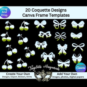 Puede incluir: Veinte diseños de lazos y cerezas blancos para usar como plantillas de marco de Canva. El texto "Crea tu propio" y "Agrega tu propio" están incluidos en la imagen. El texto "Marco de Canva editable" también está incluido en la imagen.