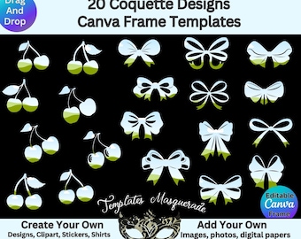 Coquette Bows and Cherries, Editable Canva Frames Templates, Drag and Drop Fillable Image Container, DIY Coquette Designs, Princess Core.