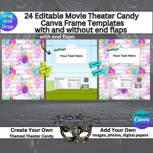 Editable Movie Theater Candy Wrappers, Canva Frames Templates, Customizable Drag and Drop Fillable.  Party favors, Candy Card, Editable nutrition facts, Editable bar codes. Boxed Candy Wrapper Templates. Editable Birthday Party Favors. DIY Designs.