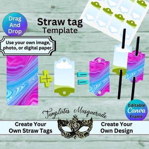 Straw Wrapper Tags Editable Party Paper Straws, Party Favors, Editable Canva Frame Templates, Drag and Drop fillable mock-up, Printable Tags