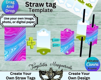 Straw Wrapper Tags Editable Party Paper Straws, Party Favors, Editable Canva Frame Templates, Drag and Drop fillable mock-up, Printable Tags