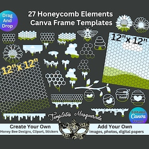 Bee, Honeycomb, Beehive, Sunflowers, Editable Canva Templates Frames, Printable, Drag and Drop, Fillable,  DIY Bee Clipart Designs, PNG SVG