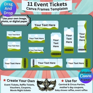 Tickets, Gutscheine, Coupons, Canva Frames Vorlagen, bearbeitbare Ereigniskarten, Gewinnspiel, Kinokarten, Karneval, Zirkus, Party.