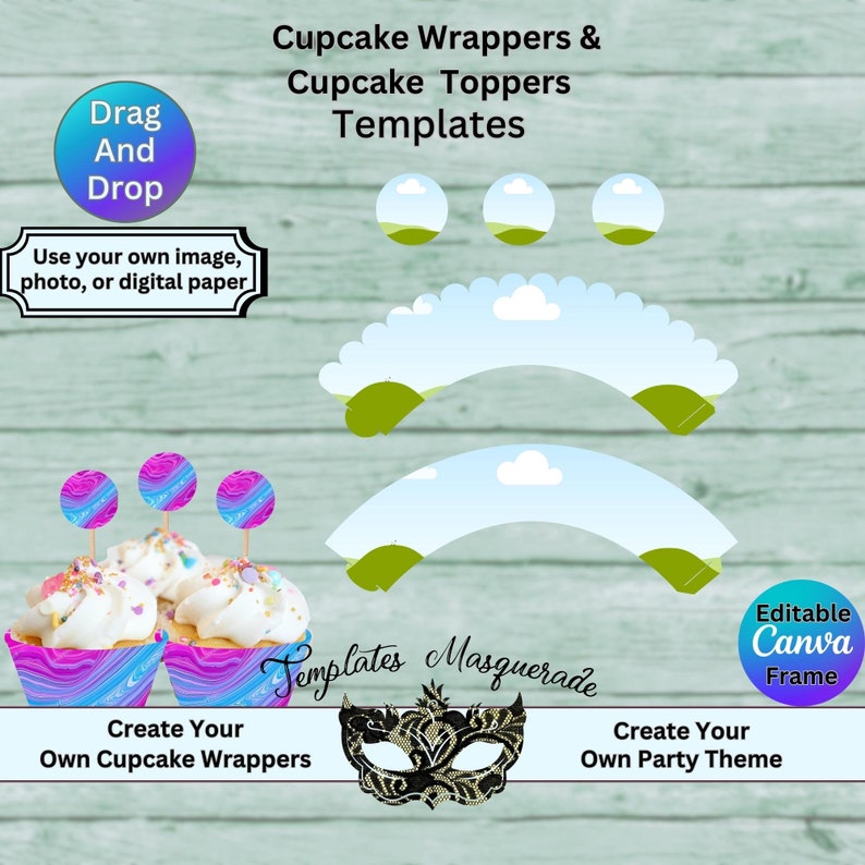 Cupcake Wrappers and Cupcake Toppers, Canva Template, Editable Template