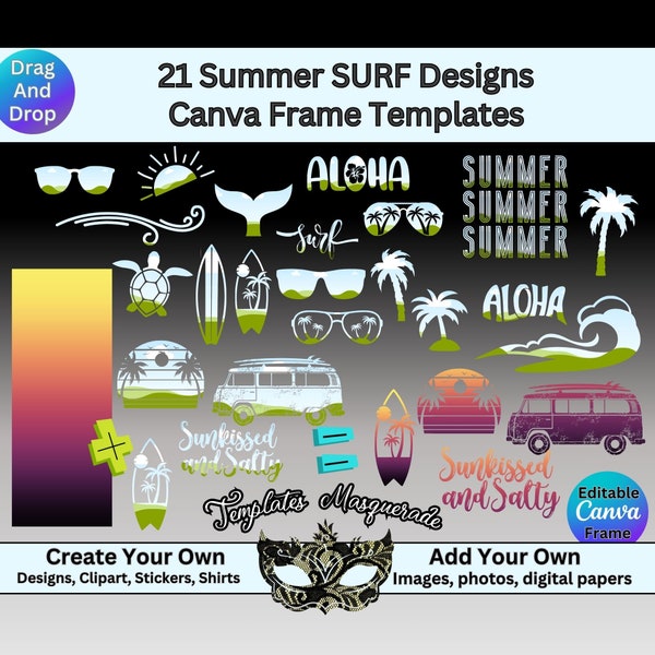 Summer Surf Beach Vibes, Editable Canva Frames Templates, Drag and Drop Fillable Image Container, Ocean Palm Trees, Summer Quotes, Surf bus