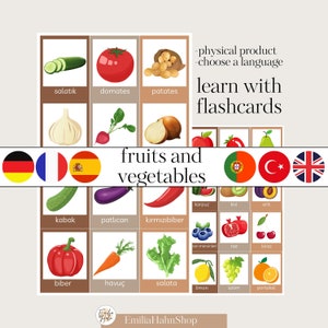 fiches de vocabulaire sur les fruits et légumes, langues, apprentissage, école, à la maison, allemand, français, espagnol, turc, anglais et portugais