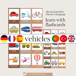 Tarjetas de vocabulario de transporte, idiomas, aprendizaje, escuela, en casa, vehículos alemán, francés, español, turco, inglés y portugués.