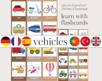 May include: A set of colorful flashcards featuring various vehicles, including a car, scooter, bicycle, tram, train, bus, truck, dump truck, crane, police car, taxi, fire truck, helicopter, airplane, hot air balloon, tractor, ambulance, and van. The flashcards are labeled with the name of each vehicle in English.