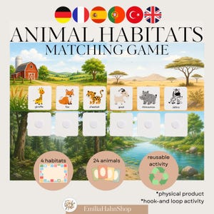 Könnte beinhalten: Ein Tierlebensraum-Zuordnungsspiel mit Illustrationen von Giraffe, Fuchs, Gepard, Ziege, Nashorn und Zebra. Das Set enthält vier Lebensraum-Szenen, vierundzwanzig Tierkarten und eine wiederverwendbare Aktivität mit Klettverschlüssen.