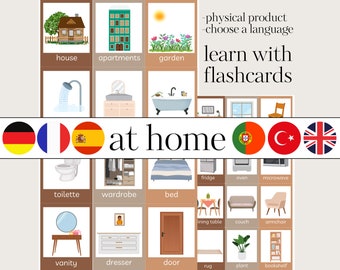 May include: Flashcards for learning vocabulary related to the home in multiple languages, including German, French, Spanish, Portuguese, Turkish, and English. The flashcards feature colorful illustrations of common household items, such as a bed, a couch, a toilet, and a wardrobe.