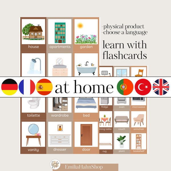 Home/House vocabulary flashcards, language learning, school, at home, german, french, spanish, turkish, english and portuguese, Karteikarten