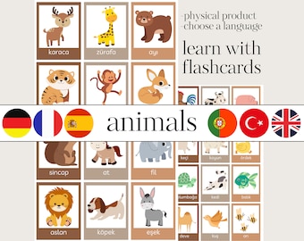 May include: Educational flashcards featuring colorful illustrations of various animals, each labeled with its name. The cards include a deer, giraffe, bear, tiger, monkey, fox, squirrel, horse, elephant, lion, dog, and donkey. The text "learn with flashcards" is also present.