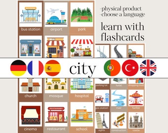 May include: A set of flashcards featuring illustrations of various city locations, including a bus station, airport, park, church, mosque, hospital, cinema, restaurant, school, parking lot, hotel, shopping mall, gas station, river, funfair, sights, construction, and castle. The flashcards are designed for learning city vocabulary in different languages, with flags representing German, French, Spanish, Portuguese, Turkish, and English.