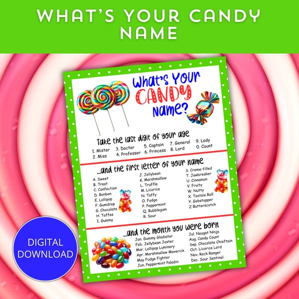 What's Your Candy Name Game with Name Tags + Sign, Party Game, Candy Bar Activity, Candy Party Name Generator