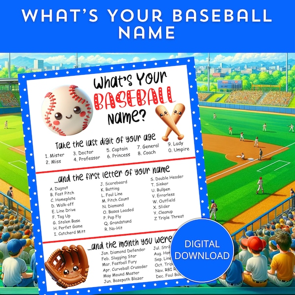 What's Your Baseball Name Game with Name Tags + Sign, Party Game, Baseball Activity, Baseball Party Name Generator