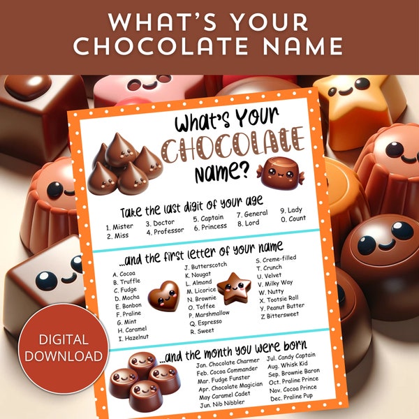 What's Your Chocolate Name Game with Name Tags + Sign, Party Game, Chocolate Activity, Chocolate Party Name Generator
