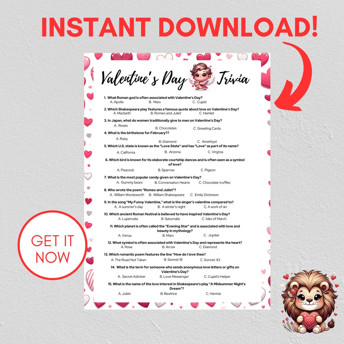 Valentine's Day Trivia Game Instant Download, Printable PDF With ...