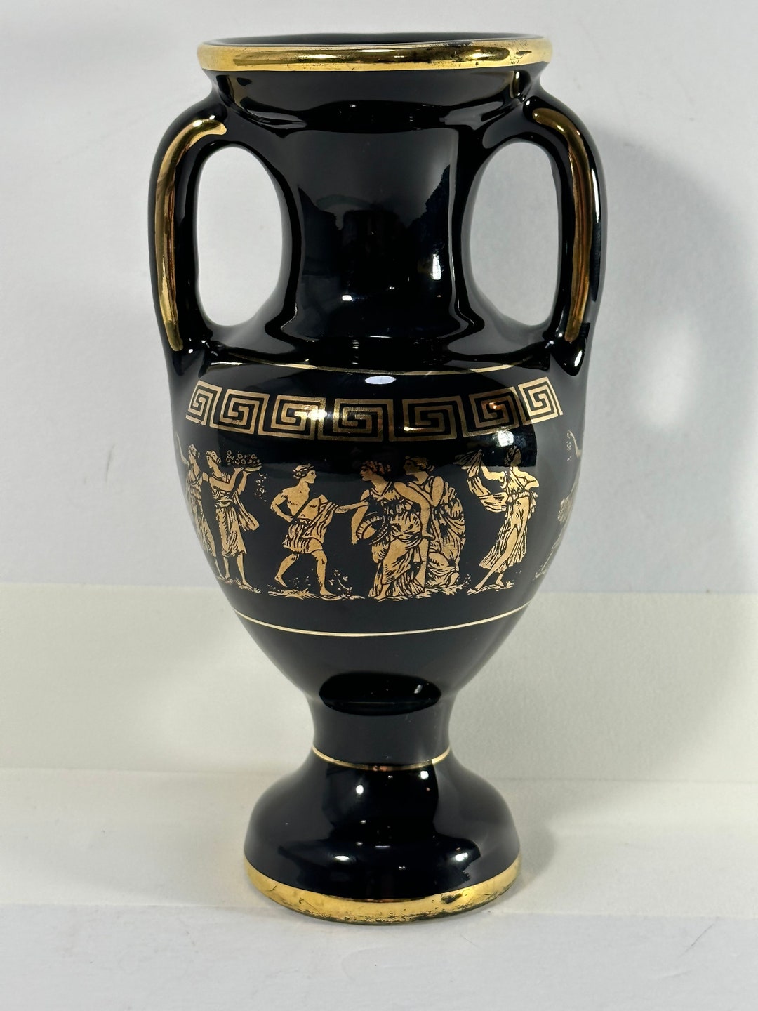 Handmade Greek Vase 24K Gold Miniature Black Curved Decorative Ornament