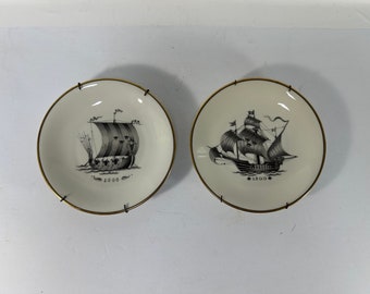 Set of 2 Porcelain Lidkoping Ship Collectors Plates with Gold Trim