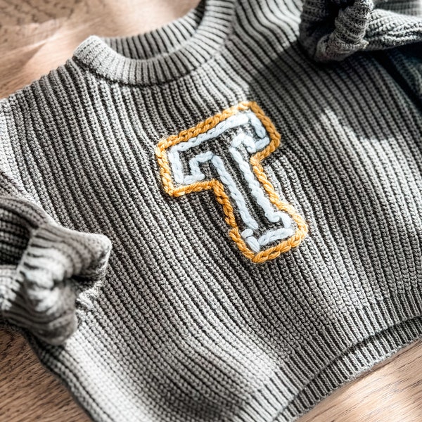 Jersey - Personalized Hand Embroidered Jersey Monogram Kids' Sweater, Custom Letter Sweater, Personalized Jersey Chunky Sweater