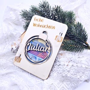 Personalisiertes Geldgeschenk Weihnachten | Geschenkverpackung nachhaltig  | Christbaumkugel mit Name | Weihnachtskarte aus Holz mit Name