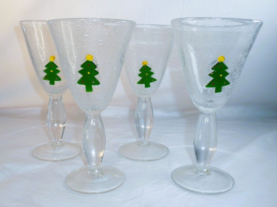 Set 4 Drinking Glasses Christmas Tree Fused Hand Blown Martini Wine ...