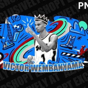 May include: A digital illustration of basketball player Victor Wembanyama wearing a white jersey with a black and red star design. The background is blue with colorful doodles and the text "VICTOR WEMBANYAMA" in blue.