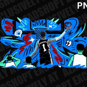 May include: A digital illustration of a basketball player in a blue jersey with the number 1 on it, dunking a basketball. The player is surrounded by colorful abstract shapes and lines. The background is black with the text "ADS SHOP EXCLUSIVELY AT AZAD EXCLUSIVELY SHOP" repeated in a pattern.