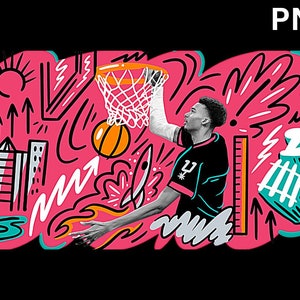 May include: A basketball player wearing a black jersey with a white star and the number 24 jumps to dunk a basketball through a hoop. The background is pink with black and white doodles of arrows, stars, and a city skyline.
