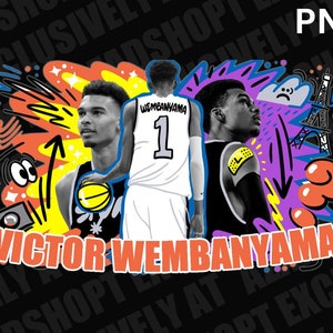 May include: A colorful graphic design featuring a basketball player wearing a white jersey with the number "1" and the text "Wembanyama". The design also includes a basketball, a cartoon eye, and the text "Victor Wembanyama".