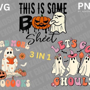 Könnte beinhalten: Ein digitales Design mit drei Halloween-motivischen Illustrationen. Die erste Illustration zeigt ein Gespenst, das ein Buch liest mit dem Text "Read More Boooks". Die zweite Illustration zeigt ein Gespenst mit einem Kürbis und dem Text "This is some Boo Sheet". Die dritte Illustration zeigt drei Gespenster mit dem Text "Let's Go Ghouls".