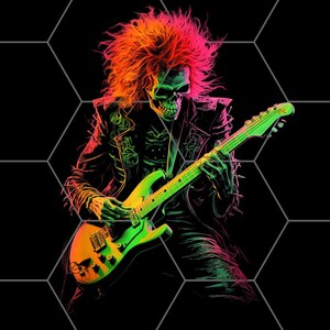 Könnte beinhalten: Eine neon-grüne, pinkfarbene und orangefarbene Illustration eines Skeletts, das eine E-Gitarre spielt. Das Skelett trägt eine Lederjacke und hat lange, fließende Haare.