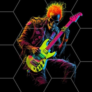 Könnte beinhalten: Ein neonfarbener Schädel mit flammenden Haaren spielt eine elektrische Gitarre. Der Schädel trägt eine Lederjacke und Jeans. Der Hintergrund ist ein schwarzes Wabenmuster.