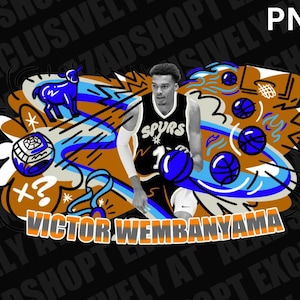 May include: A digital illustration of basketball player Victor Wembanyama wearing a black and white San Antonio Spurs jersey with the number 1 on the front. The background is a colorful abstract design with basketballs, stars, and a goat.