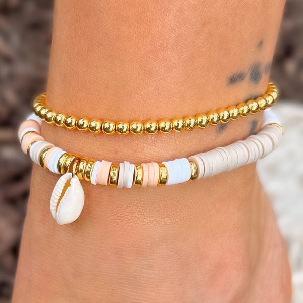 Blush White Gold Boho Neutral Beach Heishi Anklet Ankle Bracelet Set | Clay Bead Bracelets | Gift for Kids