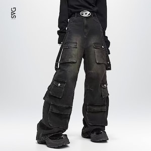 Black Y2K Vintage Style Cargo Pants, Baggy Jeans Women Fashion