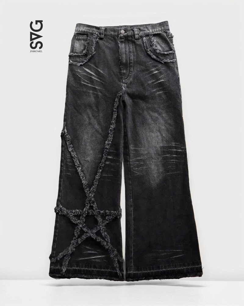 Y2K Jeans 90s Grunge Style Black Denim Devil Print Egirl Straight Trousers