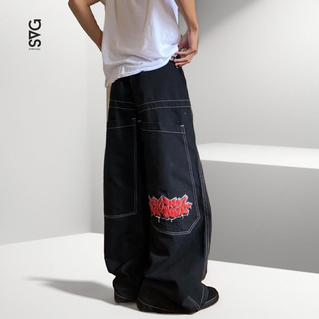 Calsunbaby Womens Girls Baggy Jeans Y2k Aesthetic Vintage Straight Wide Leg  Pants Trousers Streetwear Black S