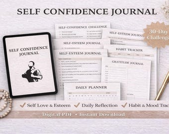May include: A selection of self-help journals and planners, including a "Self Confidence Journal" on a black tablet. The image includes a pen, a beaded bracelet, and text that reads "Self Love & Esteem", "Daily Reflection", and "Habit & Mood Tracker".