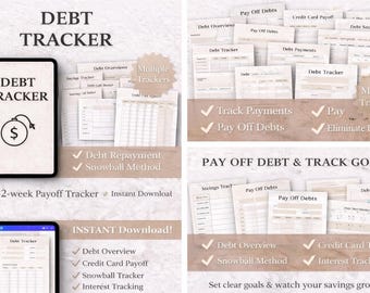 Puede incluir: Un rastreador de deudas digital con el título "DEBT TRACKER" en una tableta y varias impresiones. La imagen incluye un gráfico de bomba con un signo de dólar y texto que indica características como el pago de deudas.