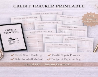 May include: A collection of printable credit tracker sheets, including a credit score tracker, debt snowball method, and budget and expense log. A tablet with the words "Credit Tracker" is in the foreground. A gold pen and a beaded bracelet are also present.
