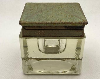 Vintage German Glass Inkwell with Metal Lid, Marked D.R.P., 1930s Art Deco Desk Accessory