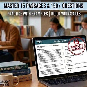 Op de afbeelding: Een digitale studiegids getiteld Complete TOEFL Reading Bootcamp Book no: 4, met 15 passages en 150+ vragen. De afbeelding toont een laptopscherm met een TOEFL-leesgedeelte, gestapelde boeken, een mok en geprinte leesteksten voor de gebruiker.