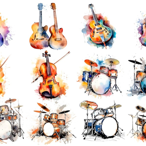 Musical Instruments Bundle 30 PNG | Watercolor Musical Instruments | Music Clipart | Guitar png | Drums png