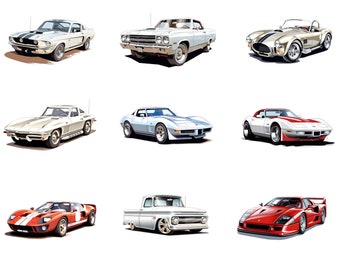 May include: A selection of classic cars in various colours, including white, silver, orange, and red. The image features a variety of vintage vehicles, such as a Ford GT, a Corvette, and a Shelby Cobra, all rendered in a detailed illustration style.